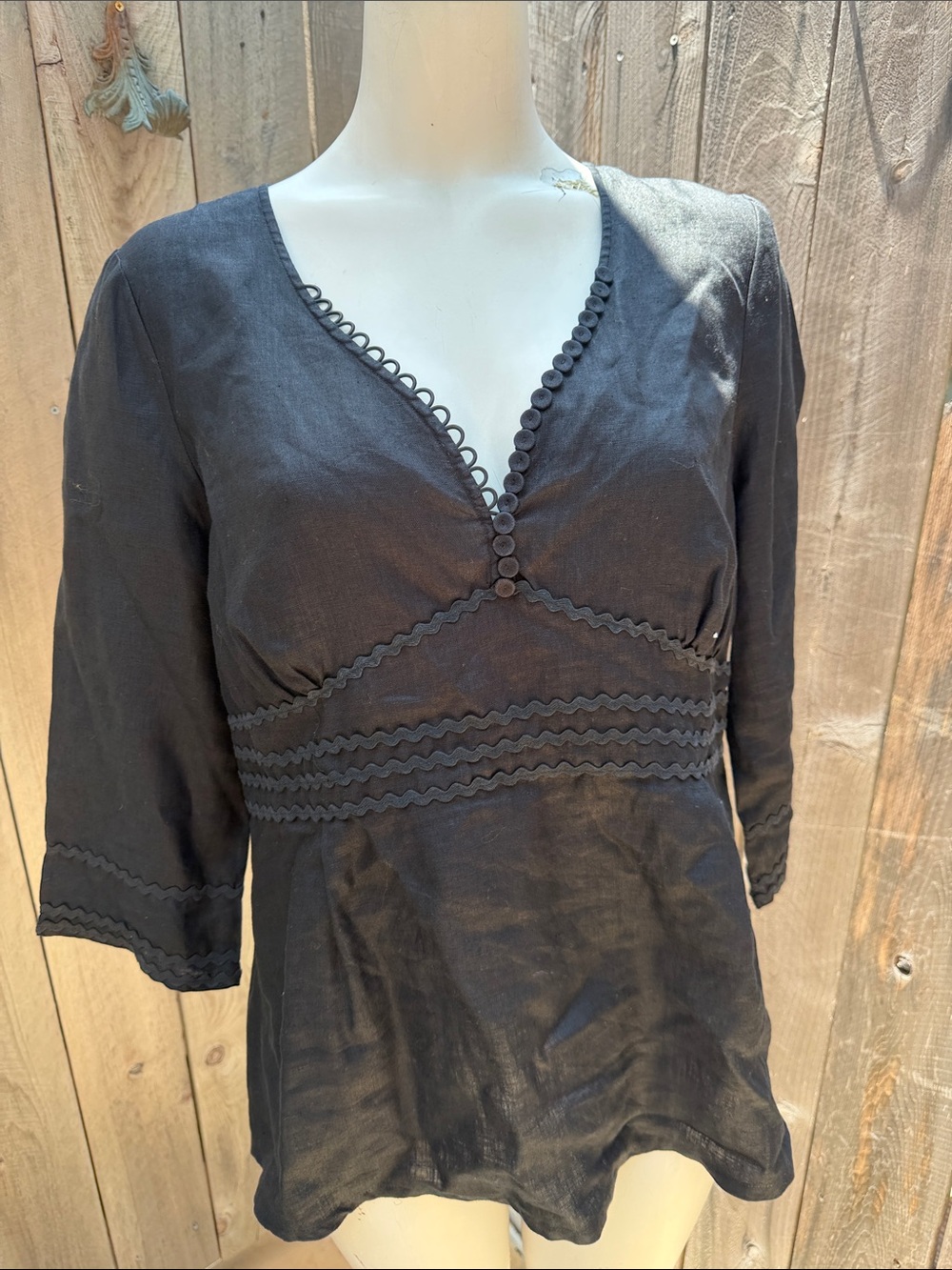 Anne Fontaine Peasant Blouse Top Linen Black V-Neck Tie Back Charlette 46 - Picture 7 of 10